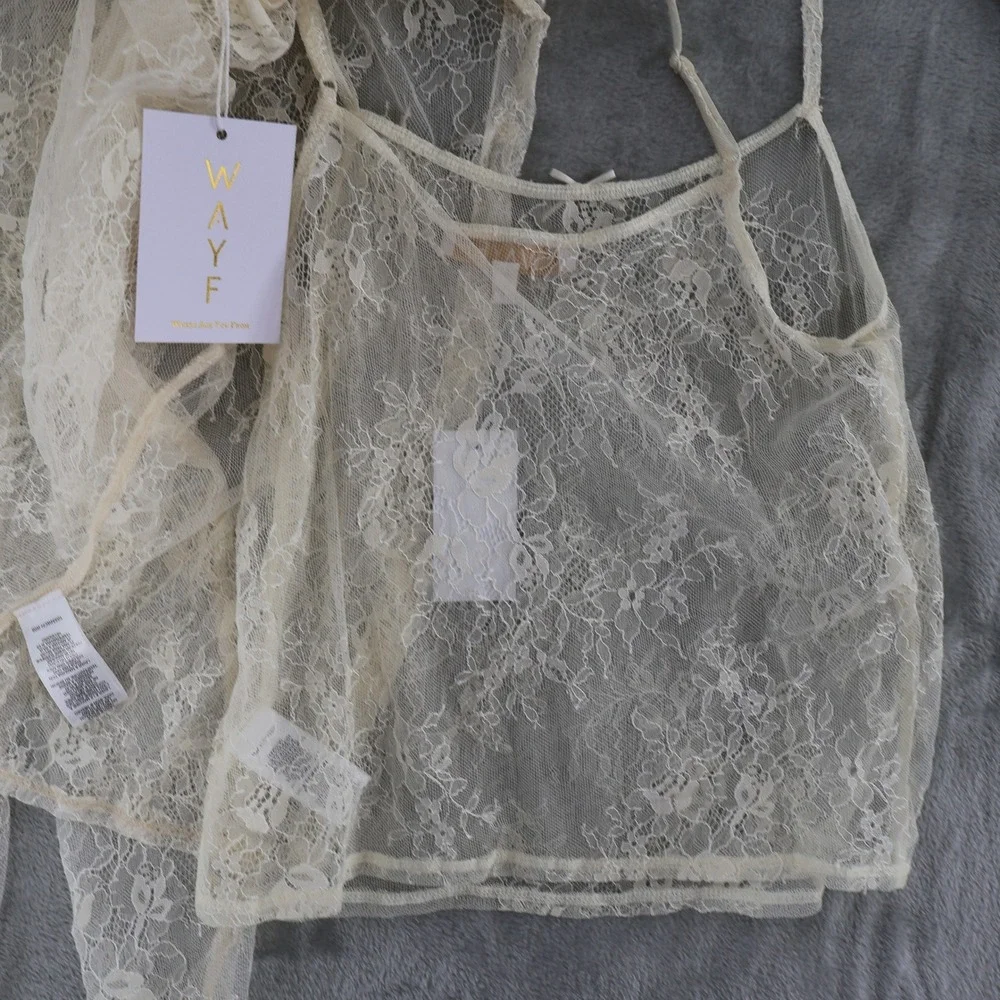 WAYF Penelope Lace Camisole Cardigan Set Womens‎ L Sheer Coquette Feminine NWT